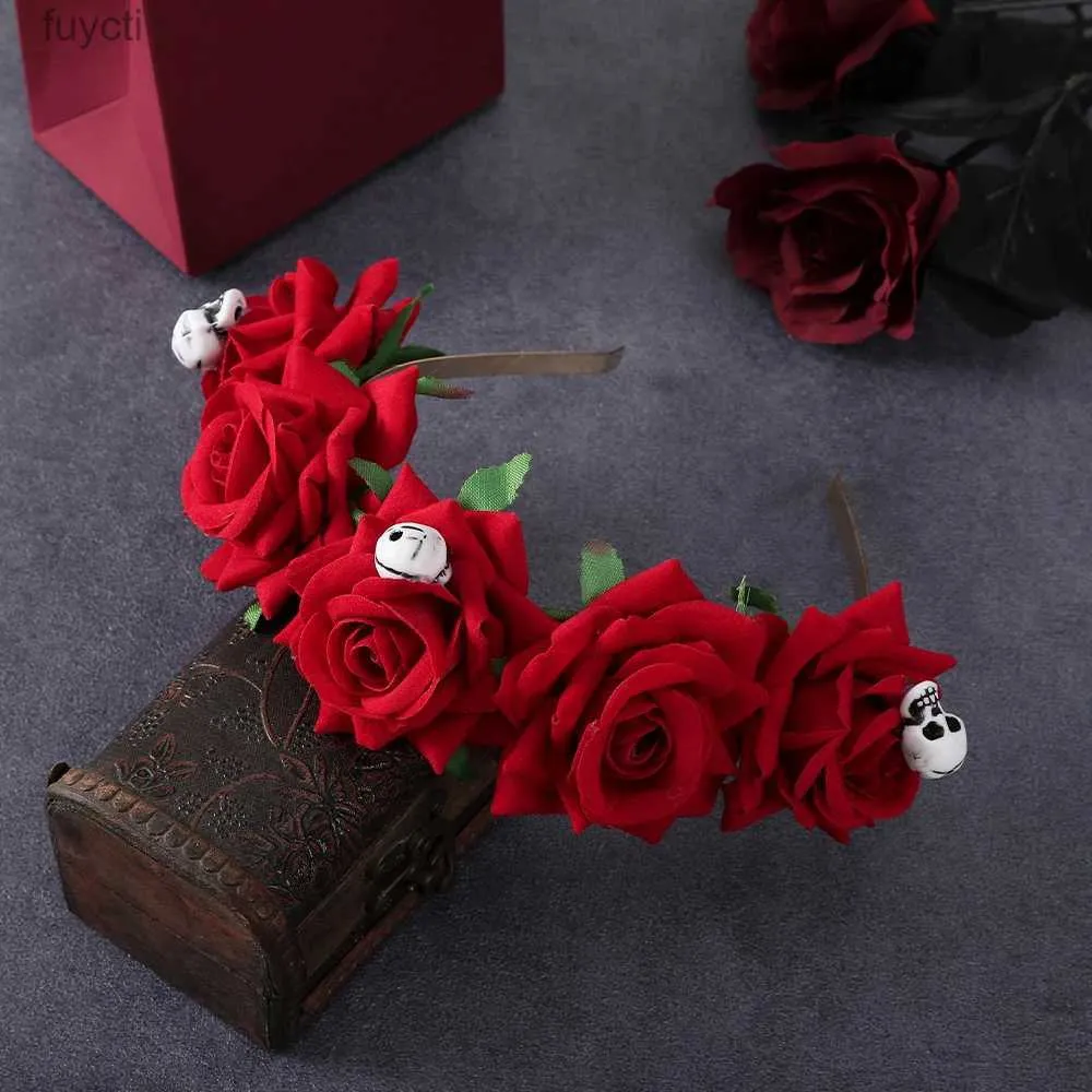 Party Hats Skull Rose Headband New Red Hair Bands Flower Festival Hair Hoops Holloween Fashion Bezel Headband Women Hair Accessories YQ240120