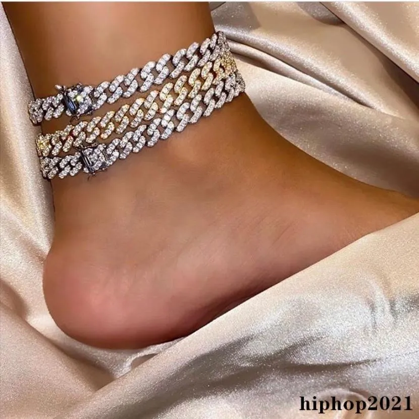 Mrożone łańcuchy mężczyźni kobiety kostki hip -hop bling diamond kostki bransoletki złoto srebrne kubańskie link mody Anklets Jewelry355c