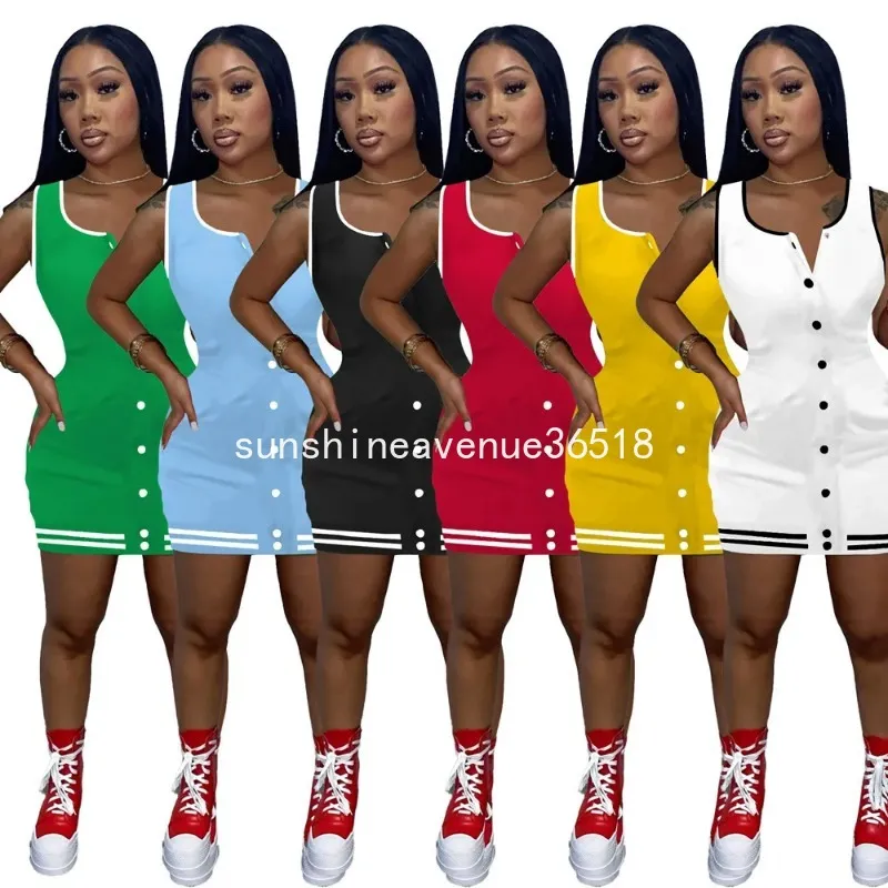 2024 Designer Bodycon Vestido Verão Mulheres Sem Mangas Uniforme de Beisebol Vestidos Casuais Sem Mangas Skinny Mini Vestido Night Club Party Wear Streetwear