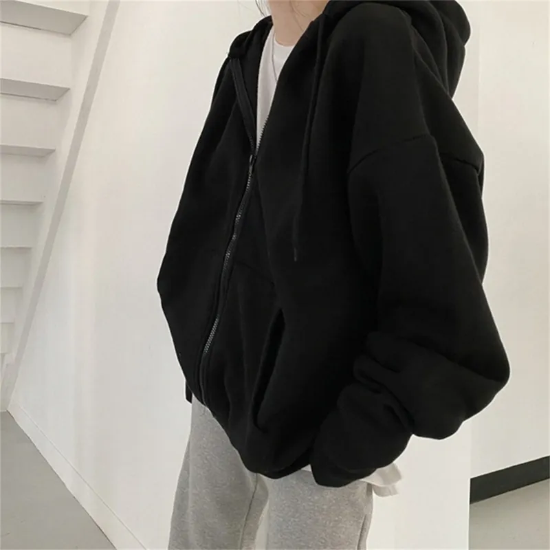 هوديز النساء الخريف harajuku النسخة الكورية معطف أزياء غير رسمية ألوان صلبة جيب كارديجان فضفاضة zip up temple sweatshirt