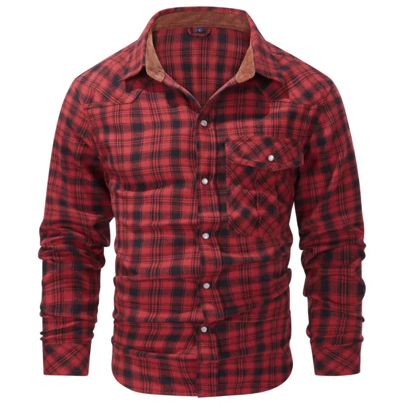 Camicia in flanella scozzese oversize da uomo degli Stati Uniti, camicia a maniche lunghe in stile western con bottoni in perla retrò europea e americana