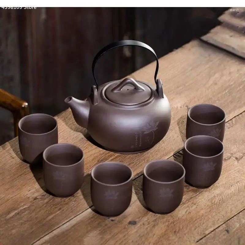 Ensembles de thé Ensemble de théière en céramique de Chine 950 ml Sable violet 130 ml Tasse d'eau Filtre à thé Grande capacité Bureau Maison