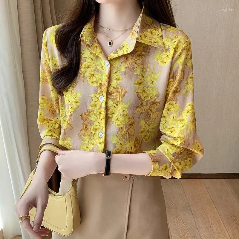 Женские блузки, желтая шифоновая рубашка с цветочным принтом, весна-лето, корейская блузка, свободные топы, рубашки Blusas Mujer 3065 #
