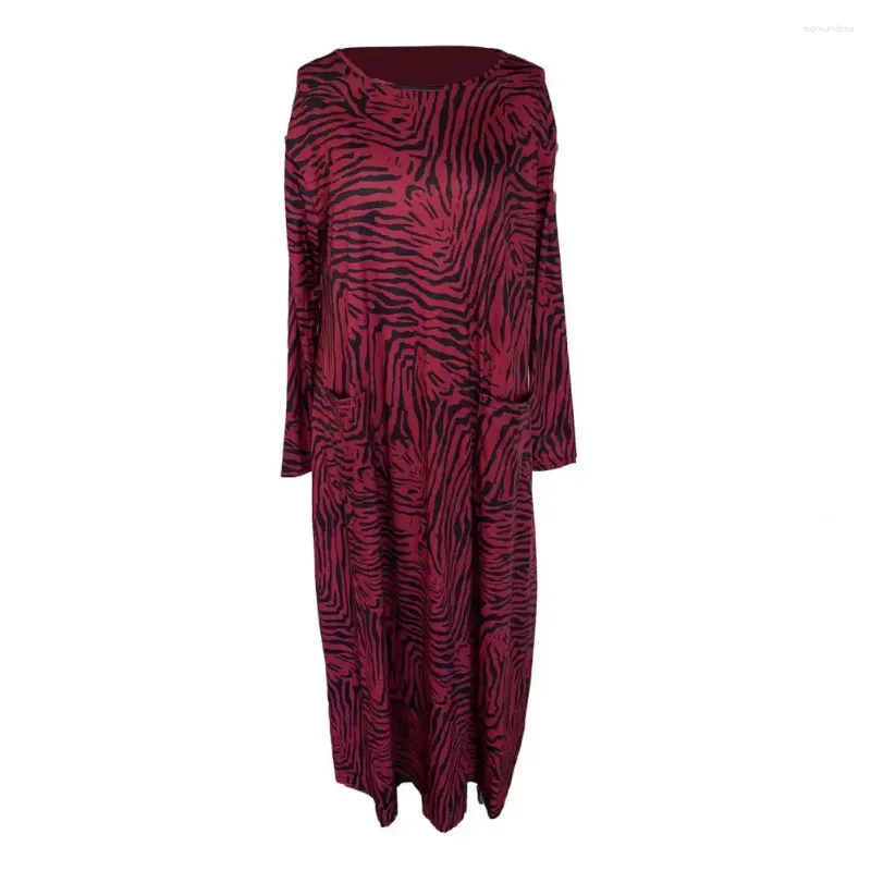 Casual Dresses Women Ankle Length Dress Plus Size Leopard Print Maxi With Long Sleeves Pockets For Oversized O Neck