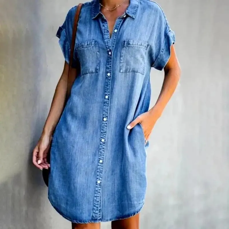 Arrivée été femmes Denim robe manches courtes lâche AWord robes s col en v solide Denim robes chemise robe 17139 240118