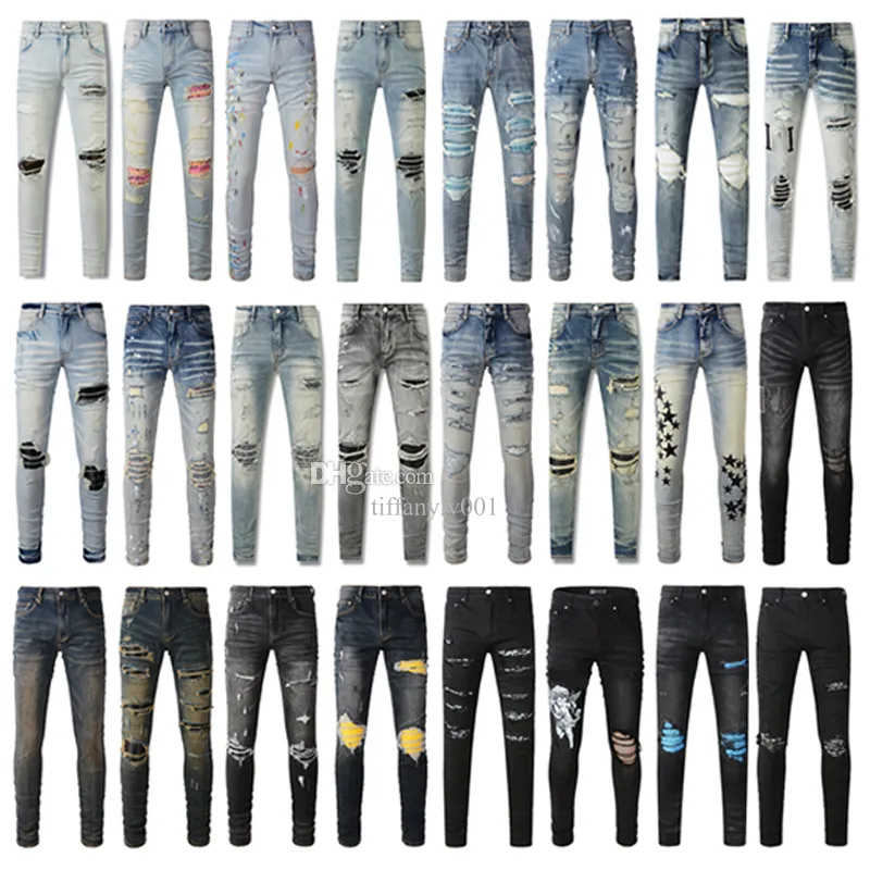 Designer Mens AM Jeans Purples Calças Jeans para Homens Rasgado Bordado Pentagrama Patchwork para Marca de Tendência Motocicleta Calça Skinny Roupas Masculinas