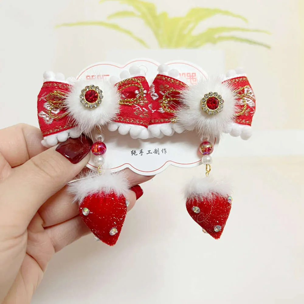 Festive Bright Red Children's Ancient Style Accessories with Bows and Fur Balls Chinese Court New Year's Clothing Hair Clips