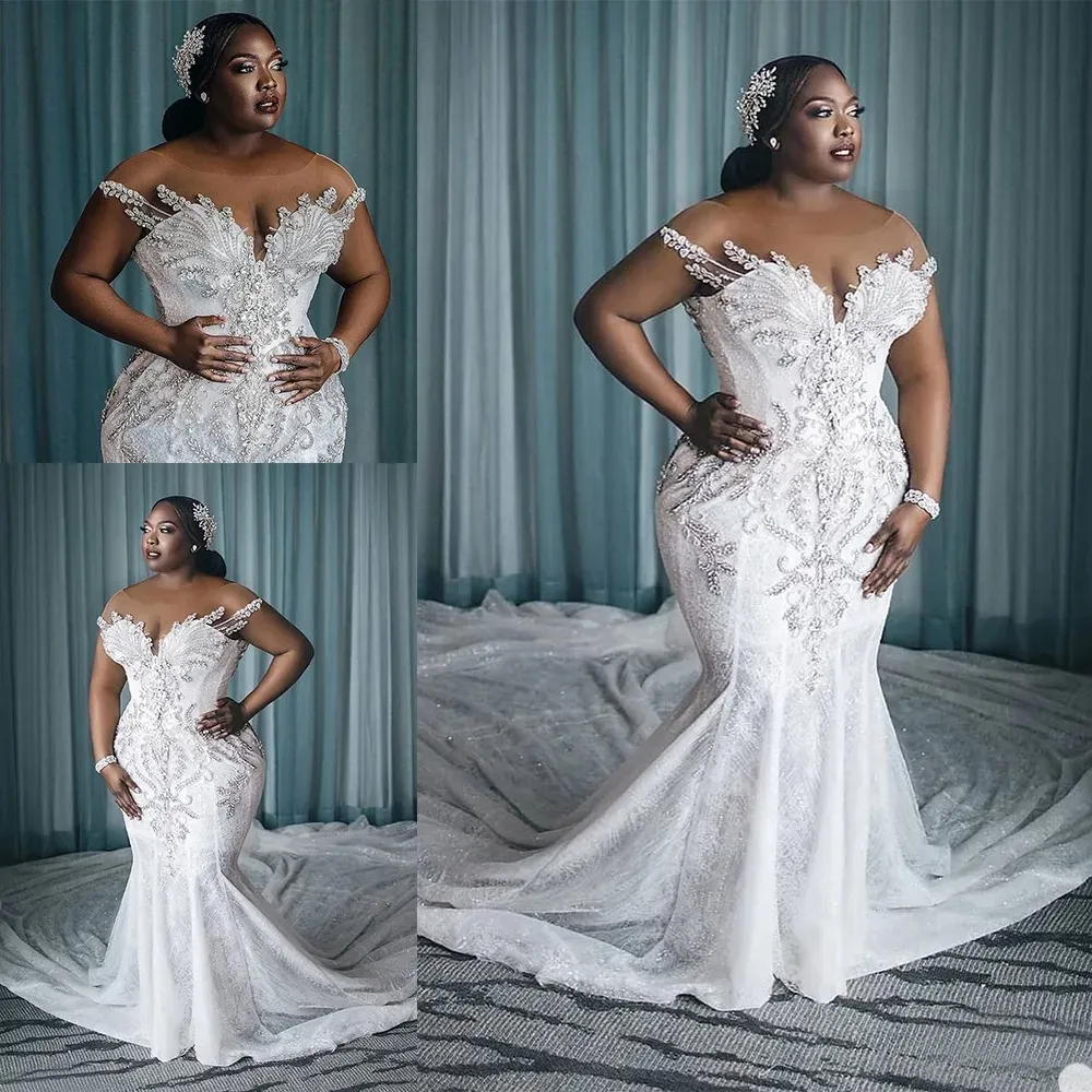 Stunningbride 2024 White Plus Size Wedding Dress African Crystal Mermaid Bride Dresses with Long Train Sheer Neck Custom Made Bridal Gowns