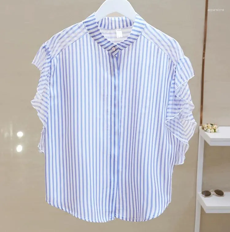 Kvinnors blusar Elegant Short Sleeve Office Top Female Spring Fashion Blue Striped Shirts Woman Summer Casual Chiffon Blue For Women JNF47