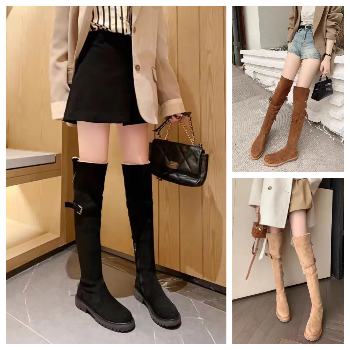 Fashion winter boots women Knee booties Tall Boot Black Leather Over-knee Boot Party length Flat Boots Snow boots Knigh