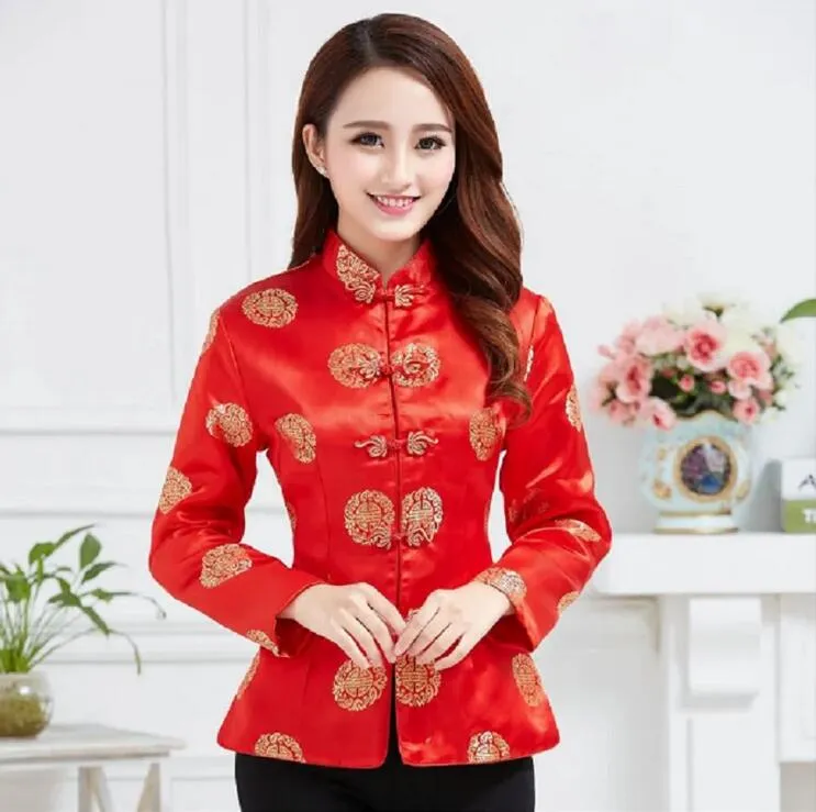 Chinois traditionnel rouge femmes soie Satin Tang chemise Blouse Vintage à manches longues veste de mariage fête d'anniversaire manteau taille S-3XL