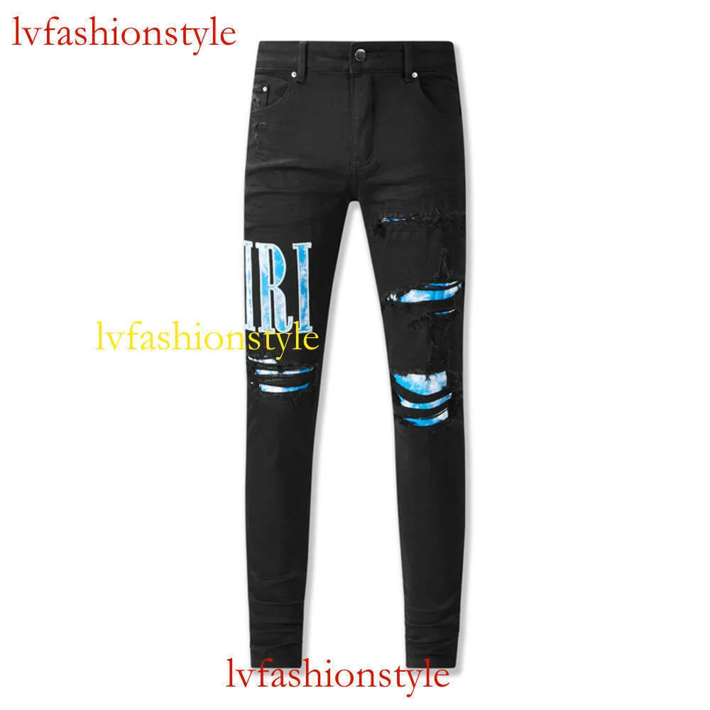2023 Autumn/Winter New American High Street Black Perforated Blue Camo Cloth Patch Foreign Trade Border Border Jeans555