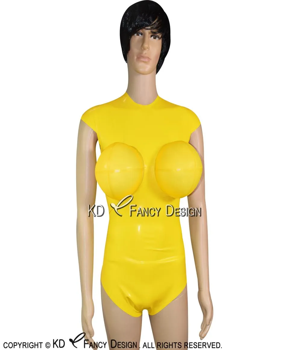 Trajes de banho de látex sexy amarelo com seios infláveis e mangas tampa corpo terno catsuit borracha bodysuit 02122145120