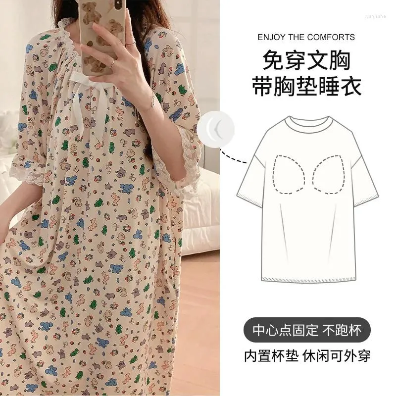 Women's Sleepwear Summer Nightdress Short-sleeved Big Size Sleepdress Sweet Princess Ladies Lace Bowknot Cartoon Modal Nightwear