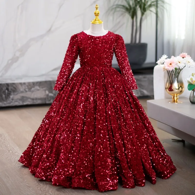 2024 Luxe paillettes filles Pageant robes blingbling dentelle appliques jupes à plusieurs niveaux manches longues robe de fille de fleur rouge sur mesure enfants robes d'anniversaire de fête formelle