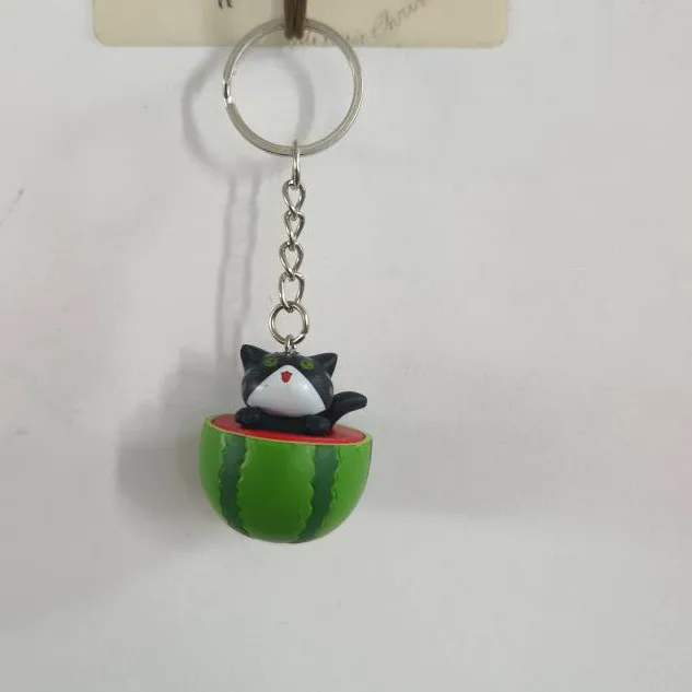 4 stuks watermeloen lachende kat sleutelhangers hanger schattige anime figuur tas sleutelhangers kawaii autosleutels ketting snuisterij cartoon sleutelhanger bedels mode-accessoires
