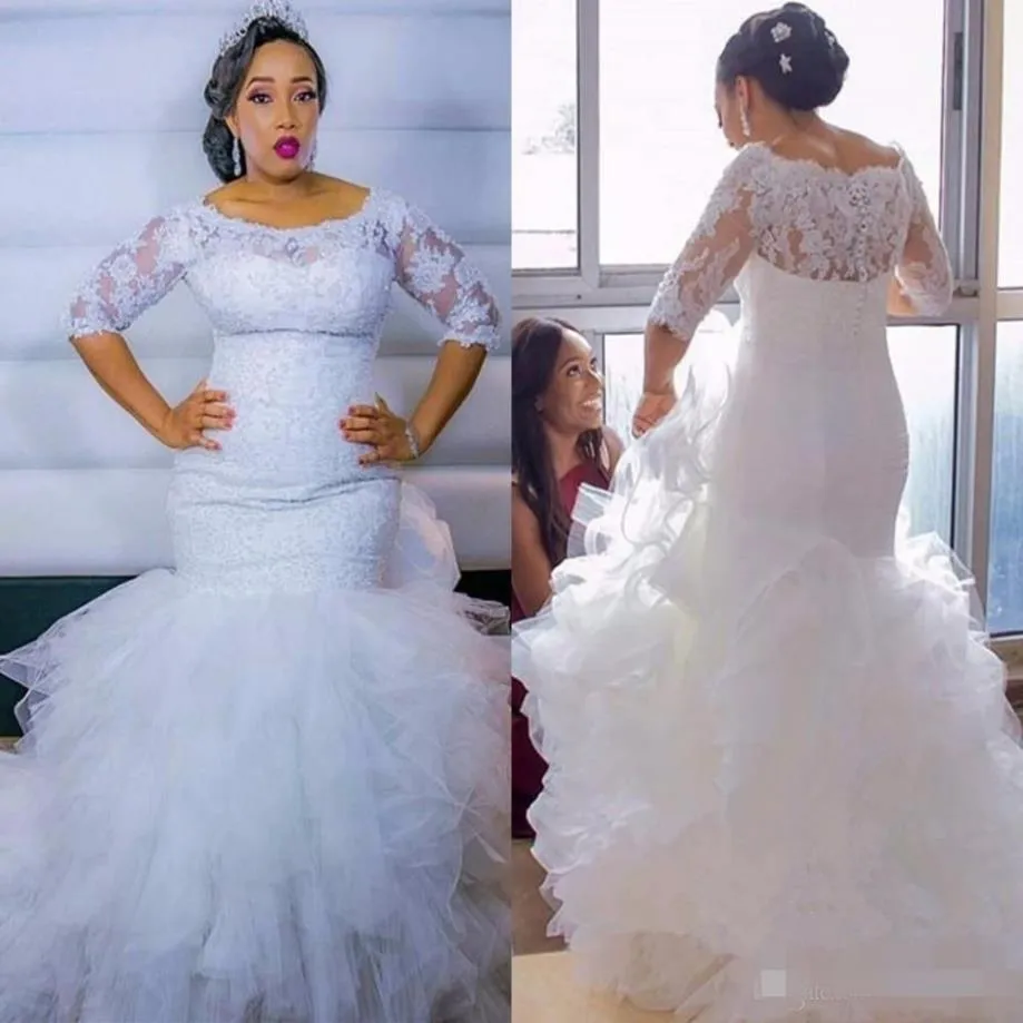 2019 Maßgeschneiderte Plus-Size-Meerjungfrau-Hochzeitskleider mit 3-4 langen Ärmeln, Spitzenapplikation, Stufenrock, Sweep-Zug, Gartenhochzeit Bri304R