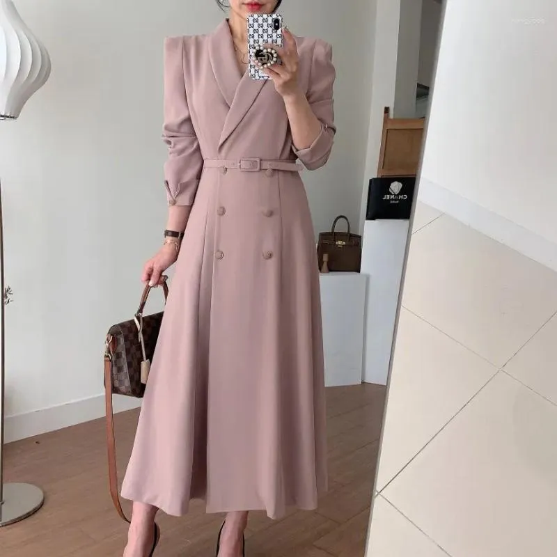 Casual Dresses Spring and Autumn Women's Chic Lapel Dress Double Breasted Pink Elegant Office Lads Long Retro Party Vestidos