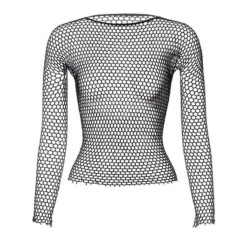 Blusas femininas camisas mulheres sexy preto oco para fora malha camiseta feminino magro fishnet transparente topos goth punk y2k streetwear festa transparente topo yq240120