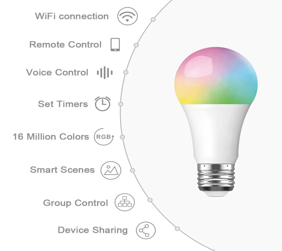 Lampadina intelligente WiFi da 10 W Illuminazione B22 E27 E26 Lampada LED RGB Funziona con Alexa Google Home 85265 V RGB Bianco Freddo Timer dimmerabile 2241291