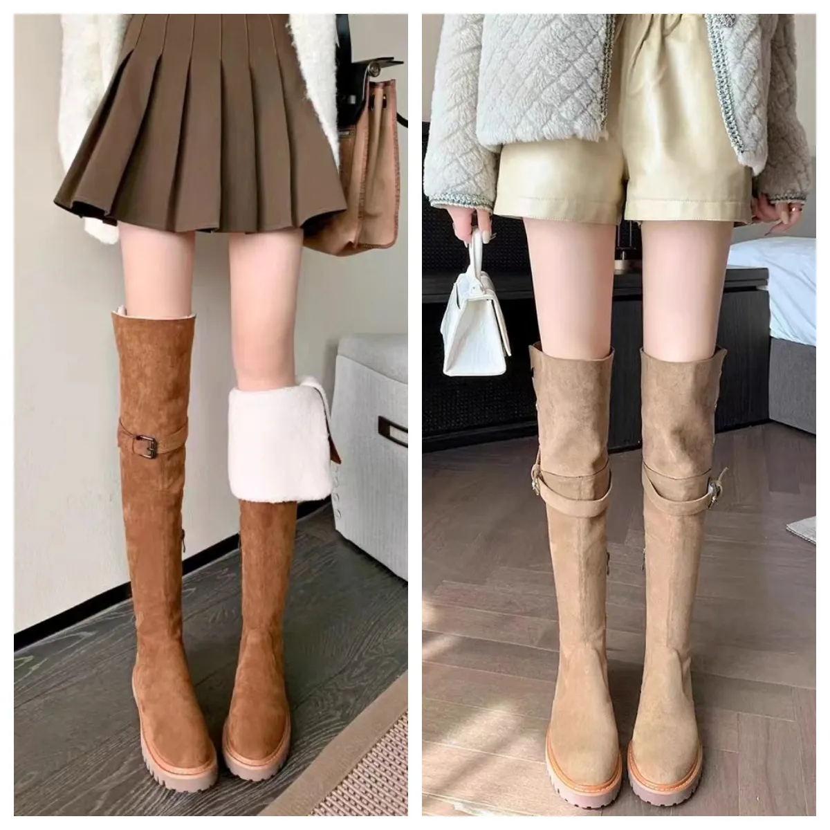 Modische Winterstiefel für Damen, kniehohe Stiefel, schwarzer Khaki-Leder-Overknee-Stiefel, Party-Stiefel, flache Stiefel, braune Schneestiefel