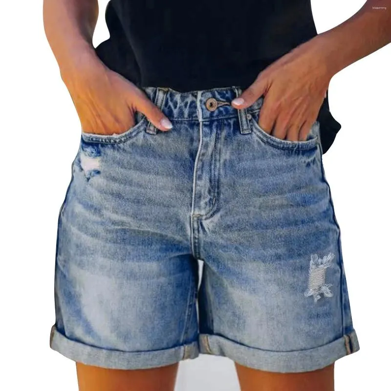 Calças de brim femininas buraco shorts senhoras verão calças jeans com bolsos botão alta ascensão sexy casual magro para mulheres finas vestidos