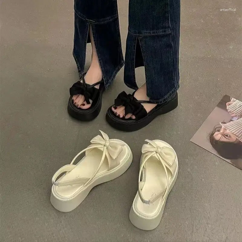 Dress Shoes Women's Beach Sandals For Woman With Medium Heels Footwear Round Toe Tip Summer 2024 Platform Bow Beige Sale On Offer H F