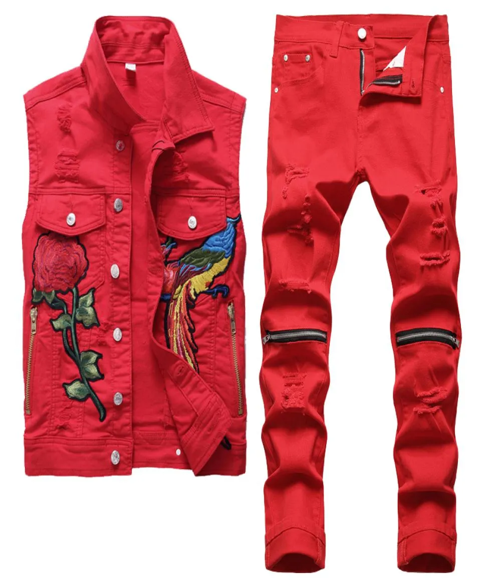 Berömda varumärken män röda spårdräkter mode höst broderi phoenix blommakräkt väst och byxor herr kläder 2 bit set smala jeans 3926129