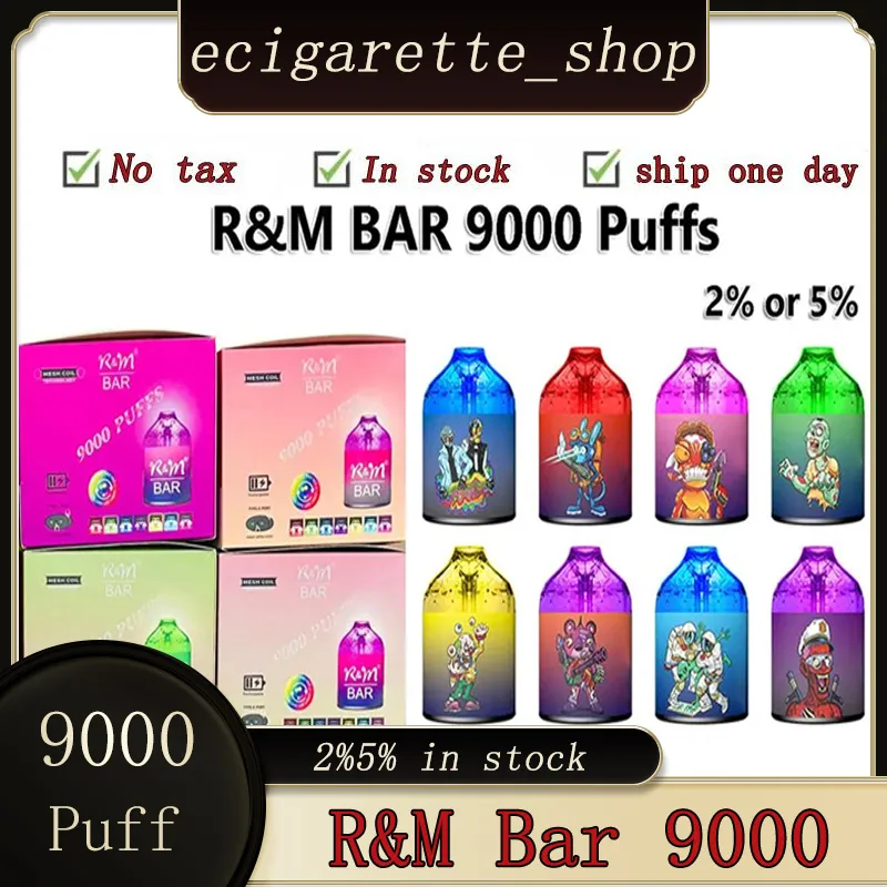 Original RM Bar 9000 Puff E Cigarett Disponible Vape Pen with Mesh Coil 2% 5% 15 ML CARTRIDGE POD DIVART 650MAH RECHARGEABLE BATTEY AIRFLOW CONTROL RM Cloud Beast