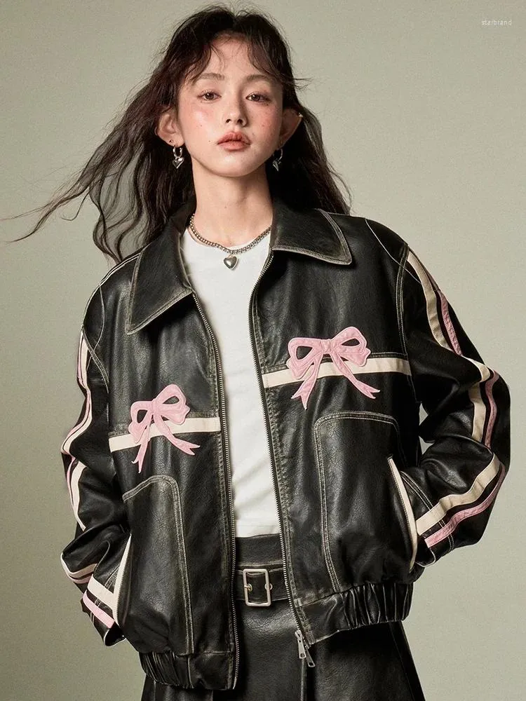 Women's Jackets ADAgirl Motorcycle Leather For Women Bow Graphic Bomber Outfits High Street Y2k Zipper Oversized Clothes Autumn Fashion