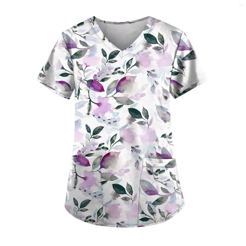 Women's T Shirts Summer Flower 3d Print T-shirt Women Floral Uniform V-neck Pocket Tops Working Tees Woman Girl Clothing