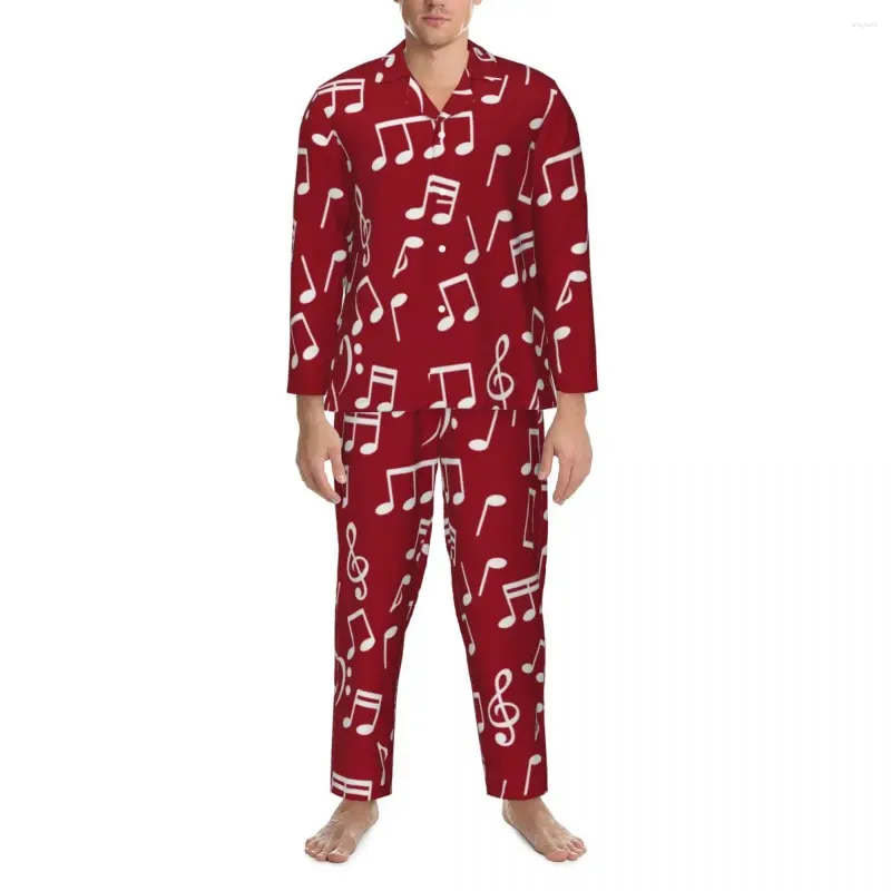 Mannen Nachtkleding Witte Muzieknoten Pyjama Set Muzikant Trendy Mannelijke Lange Mouwen Casual Thuis Tweedelige Nachtkleding Plus Size