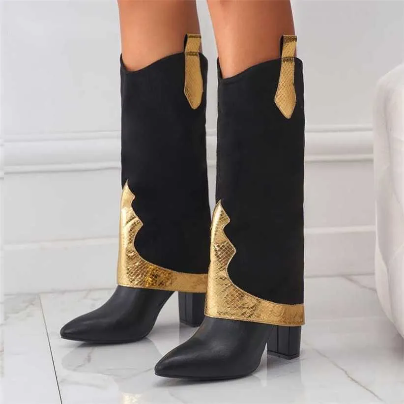 Boots New Gold Silver Serpentine Pointed Toe Women Long Knee High Boots Winter Shoes Chunky Heel Female Chelsea Booties 221123