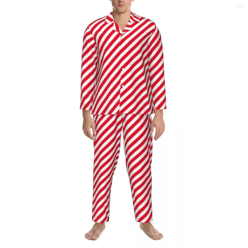 Masculino sleepwear linha vermelha impressão pijama conjunto listras natal confortável homem manga longa retro quarto 2 peça nightwear plus size