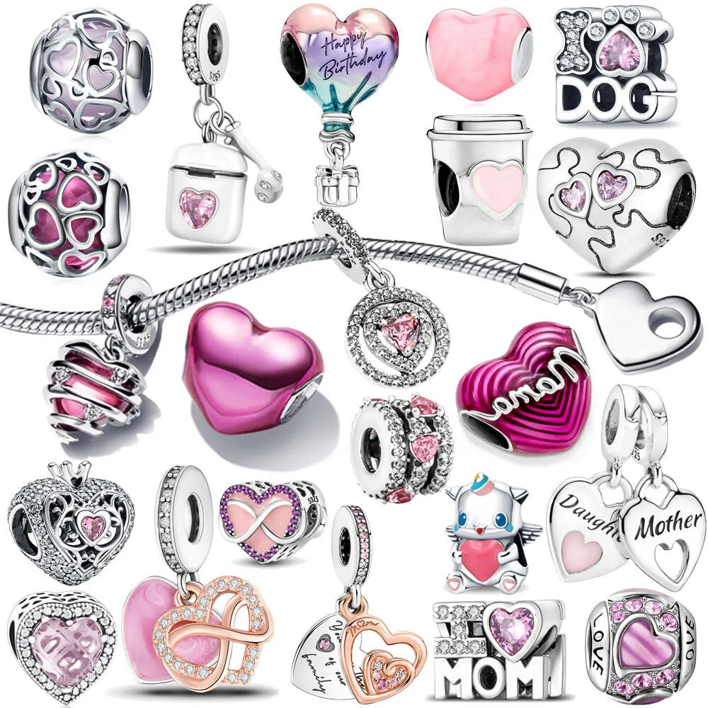 Nova prata esterlina metálica rosa coração charme contas caber pulseira original encantos para mulheres pingente jóias presente