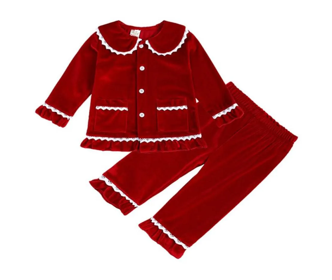 Pijamas de invierno Boutique de tela de terciopelo, ropa roja para niños, pijamas con encaje, conjunto para niños pequeños, pijamas para niñas, ropa de dormir para bebés 4359905