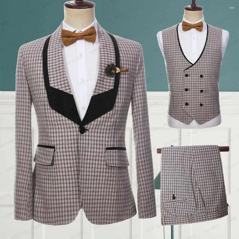 Men's Suits Latest Formal Fashion Men Linen Khaki Reto Classic Plaid Black Lapel Groom Wedding Tuxedo 3 Pcs Set Jacket Vest Pants