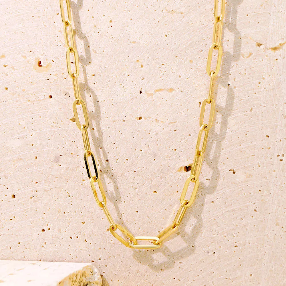 REAL 14 K SOLID AU585 3,4 mm Bredd Lång kabellänk Papperklipp Minimalist Enkel mode Original 14K Gold Chain Halsband