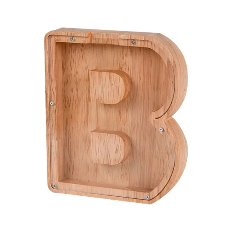 Wooden Money Storage Jar Transparent Money Saving Box 26 English Alphabet Letter Piggy Banks DIY Creative Gift