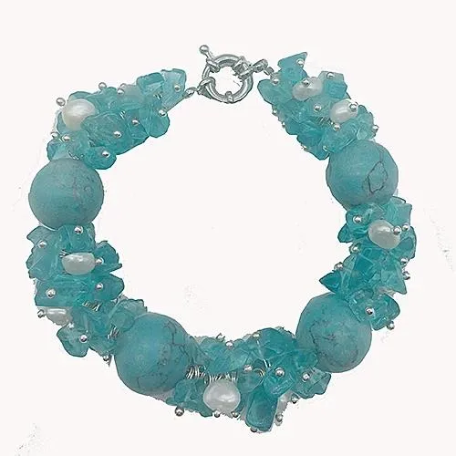 Bracelets Chunky BigWhite FreshWater Pearl Aqua Blue Pierre naturelle pour les femmes Déclaration bohème Perle Bijoux Bracelet Summer Beach