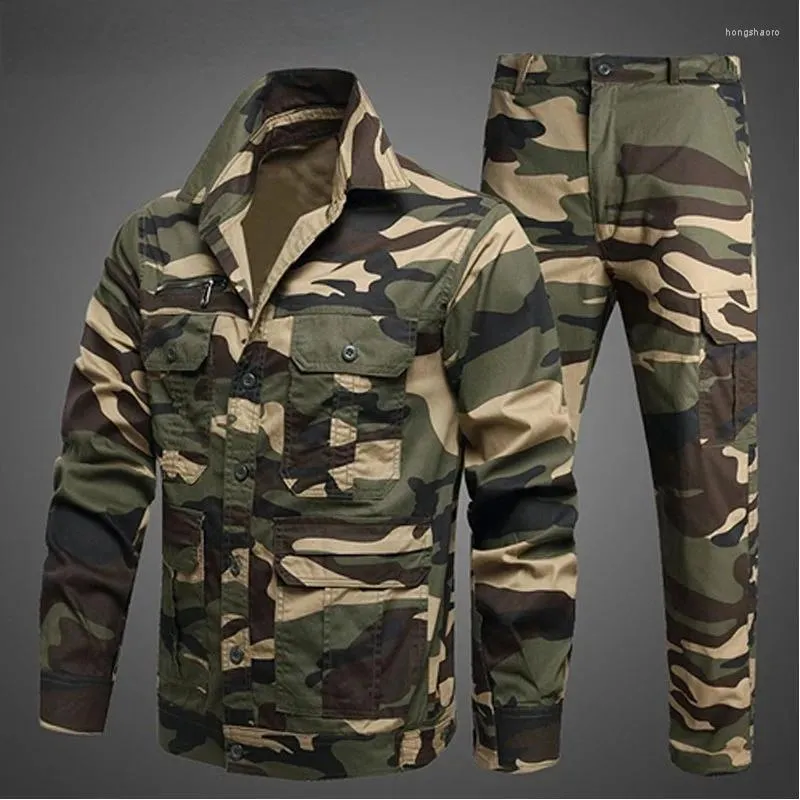 Men's Tracksuits Camouflage Military Sets Mens Wear-resistant Multi-pockets Shirts Jacket Cargo Pants Suits Outdoor Hiking Hunting Clothing