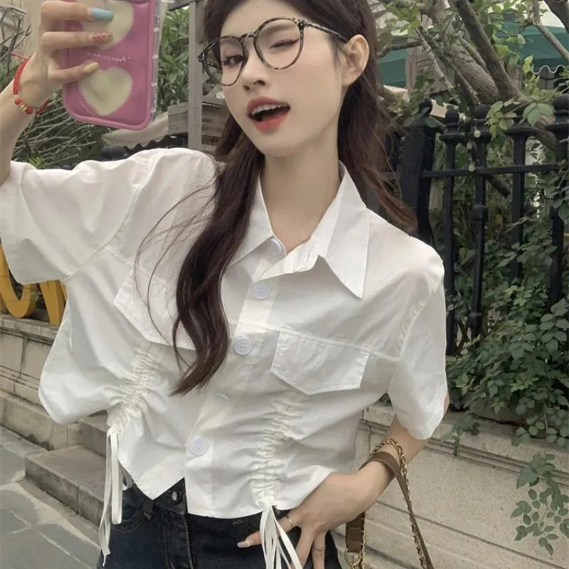 Women's Blouses Folds Draw String Shirts Women Korean Fashion Simple Crop Tops Solid Color Short Sleeve Turn-down Collar Office Lady