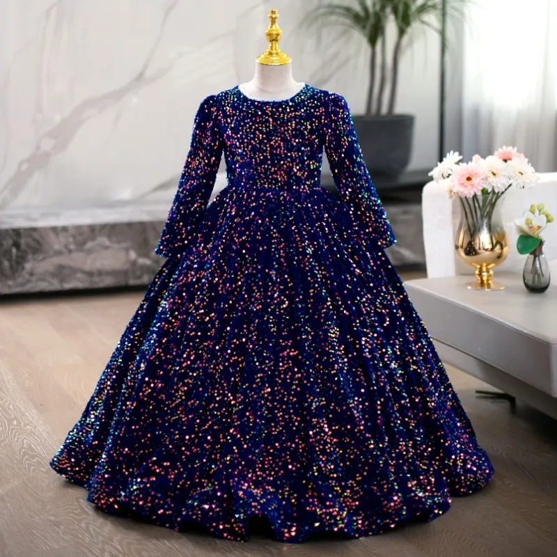 Wdzięczne cekinowe sukienki kwiatowe na ślub długie rękawy Suknie Blingbling Red Blue Toddler Pierwsza Komunia Komunia Komunialna sukienka 403