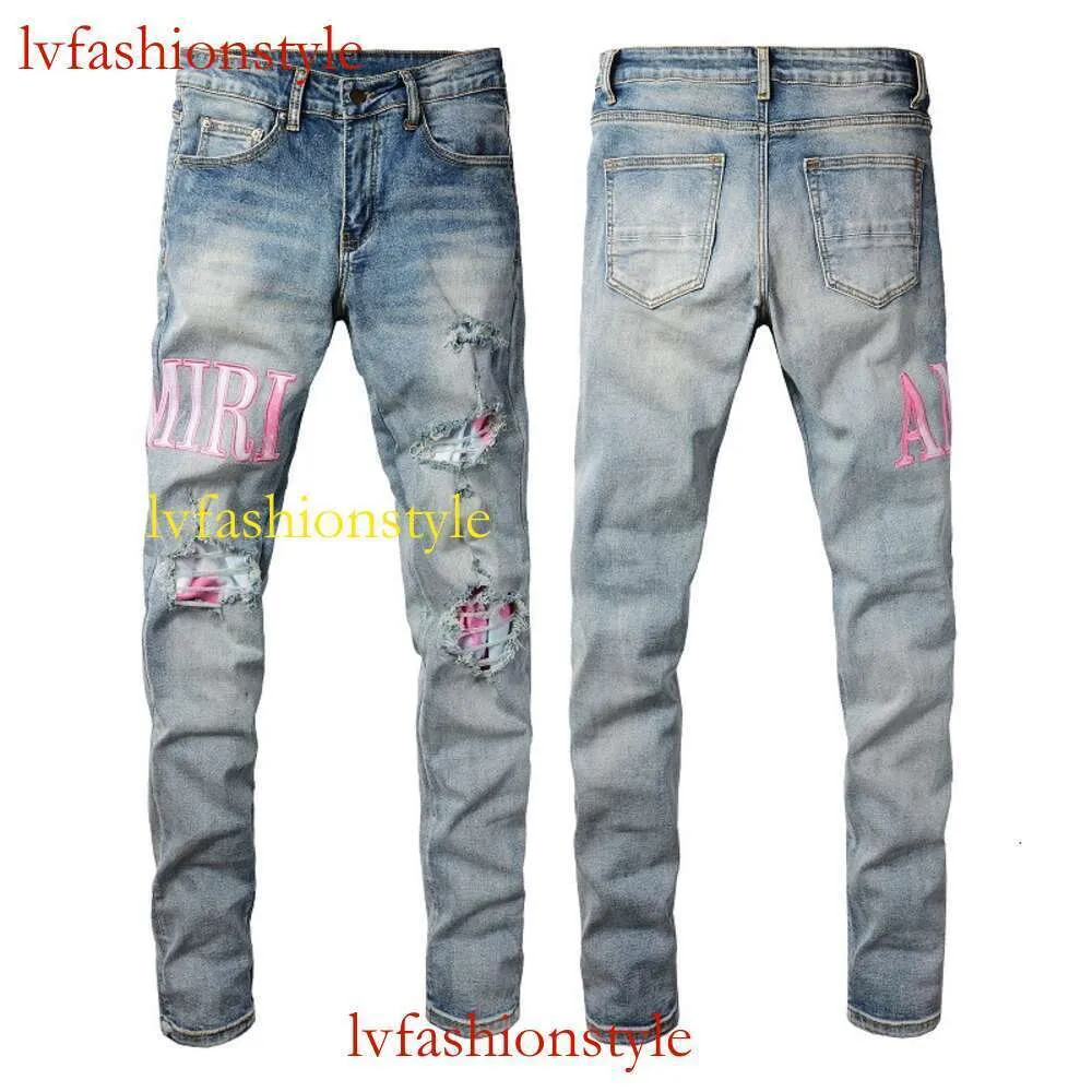 AMR Jeans Europeus e Americanos High Street Masculino Rasgo Patch Slim Fit Calças de Pés Pequenos #1316