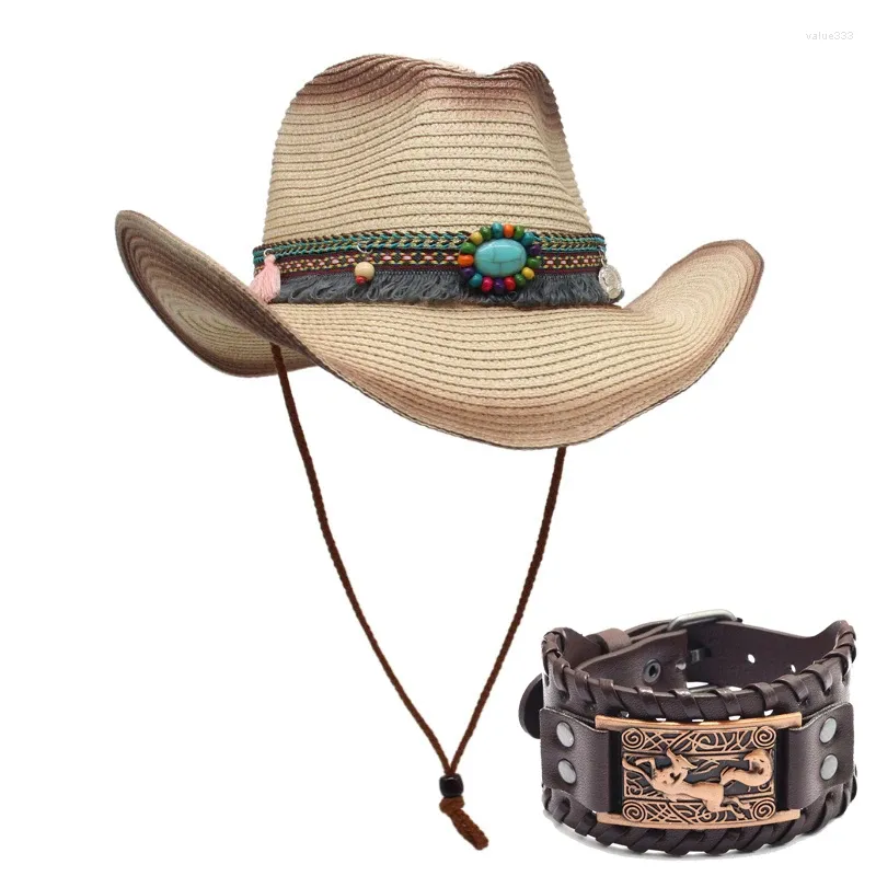 Berretti Cappello da cowboy con frange di strass Bracciale di paglia Donna Uomo Cappelli in tessuto per Lady Summer Style Western