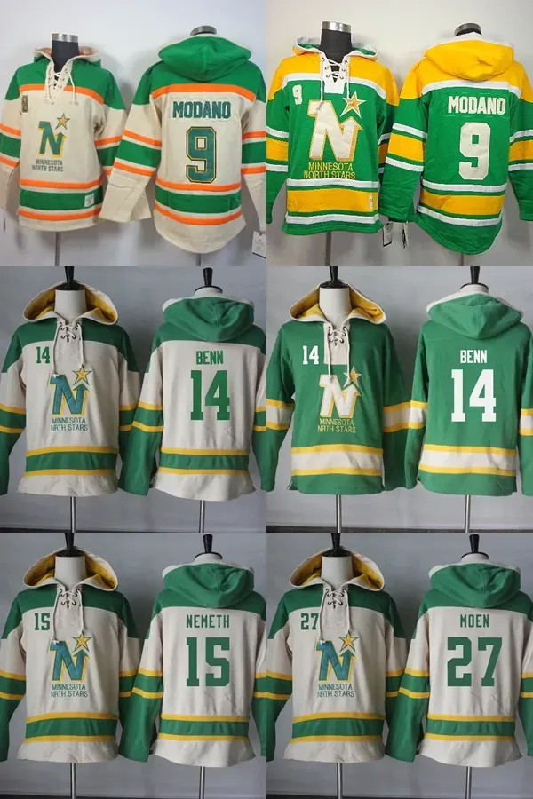 E Mens Minnesota North Stars 9 Майк Модано Джерси 14 Джейми Бенн 15 Немет 27 Моен Бежевый Зеленый Ed Дешевые хоккейные толстовки