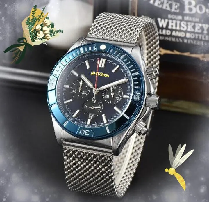 Sub Dials Work Men Big Dial Watches Stopwatch Japan VK Quartz Movement Chrolograph All rostfritt stål Casual Business Swim Sapphire Luminous No-Mechanical Watch