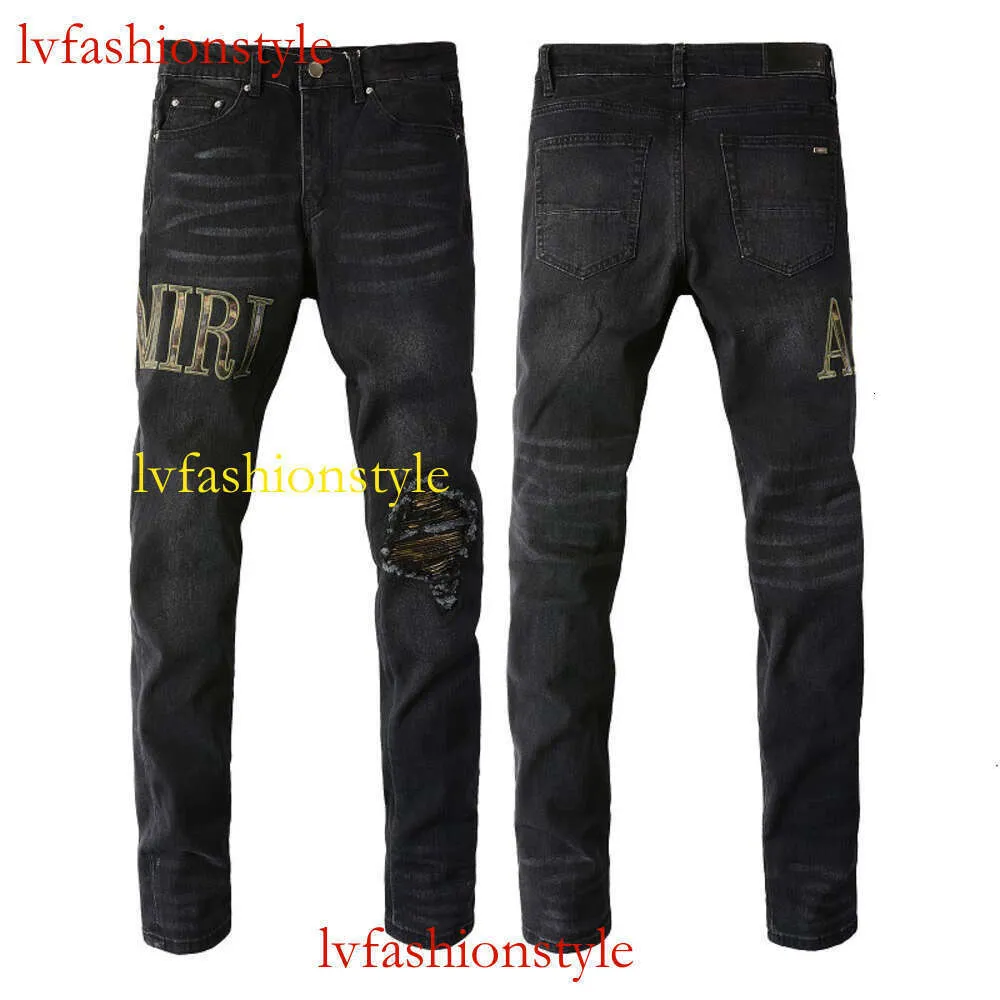 TRENDAMR Jeans con toppa con foro alla moda strada europea e americana High Street Jeans da uomo slim fit alla moda Jeans NERI # 872