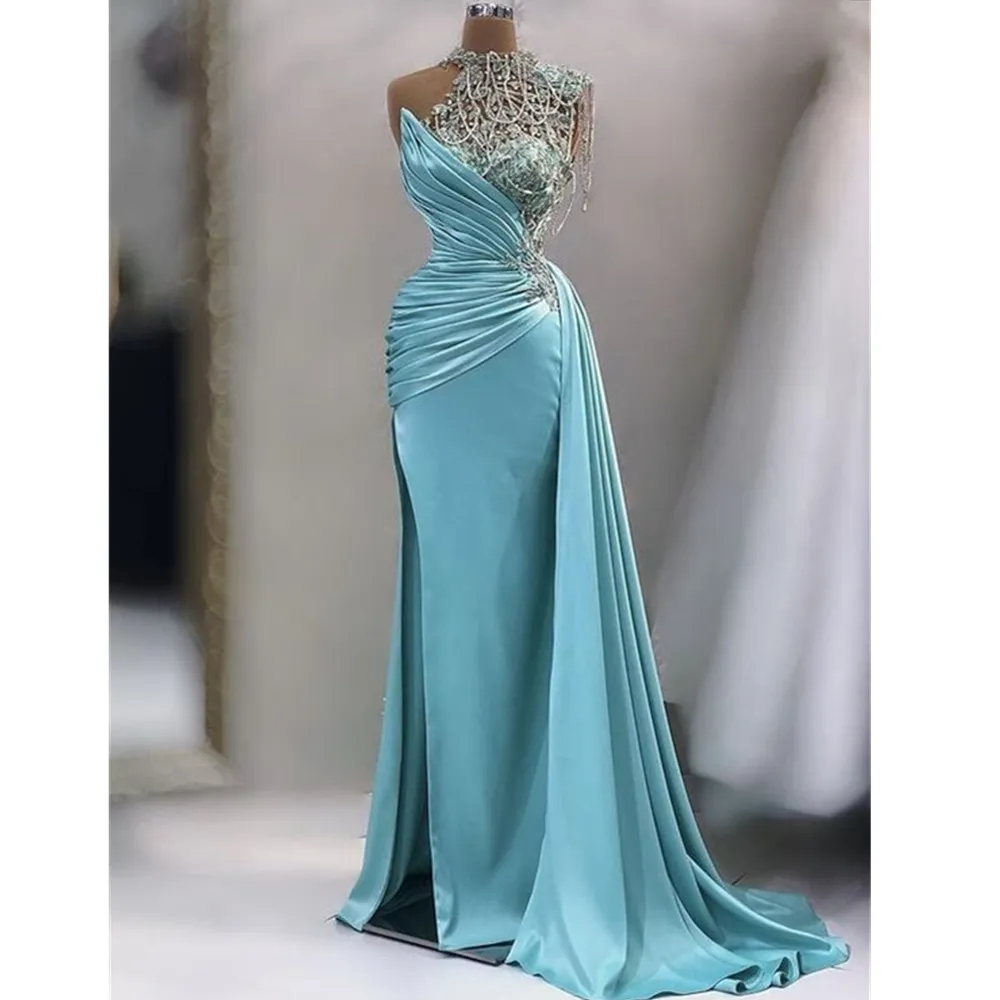 Blue One Shoulder Prom Dresses with Split Beadings Satin Bead Mermaid Evening Party Gowns Sweep Train Vestidos de fiesta YD