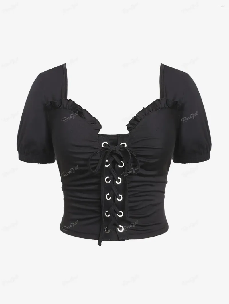 Women's T Shirts ROSEGAL Plus Size Gothic Ruched Crop Top Black Summer Sweetheart Neck Frilled Lace-up T-shirts For Women